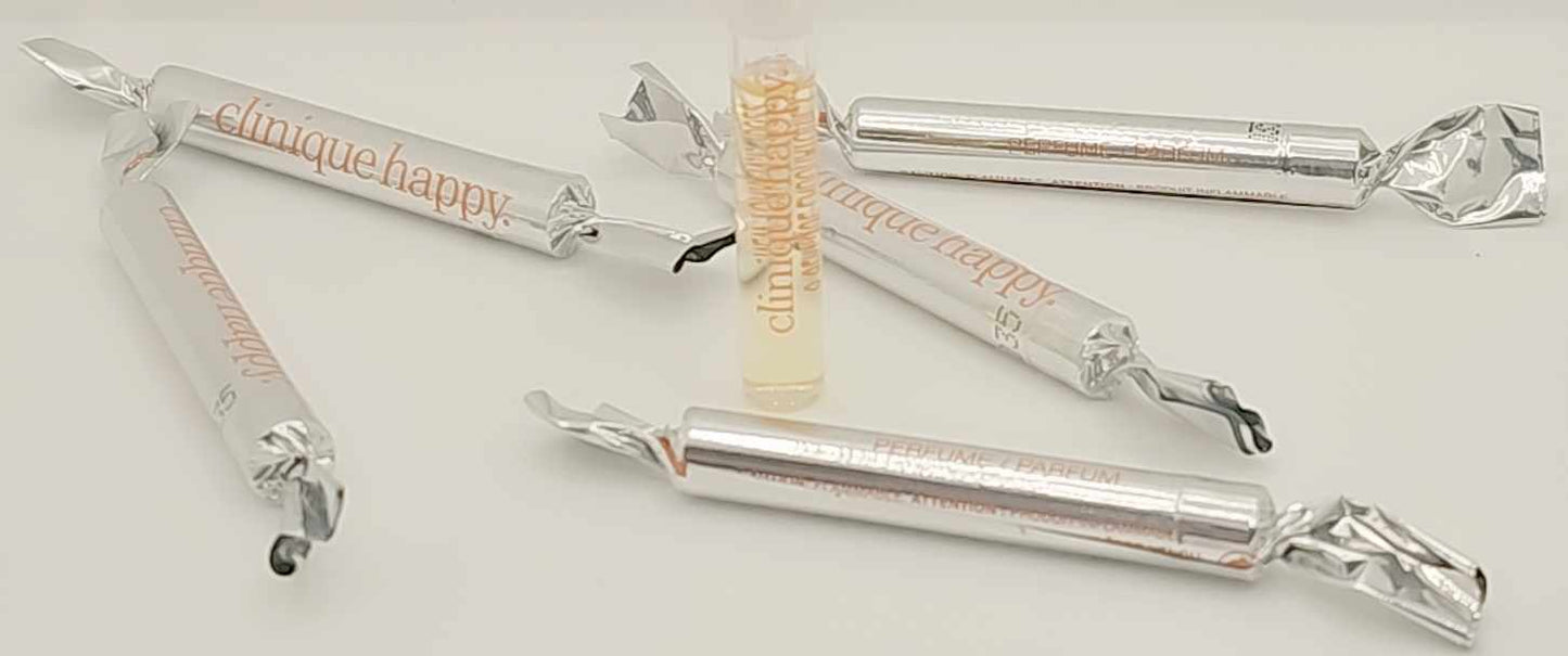 6 Clinique Happy fragrance sample wrapped in silver foil with orange logo, promotional mini perfume Ghbb Trading