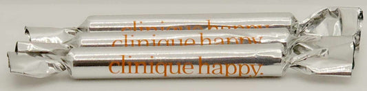 3 Clinique Happy fragrance sample wrapped in silver foil with orange logo, promotional mini perfume Ghbb Trading