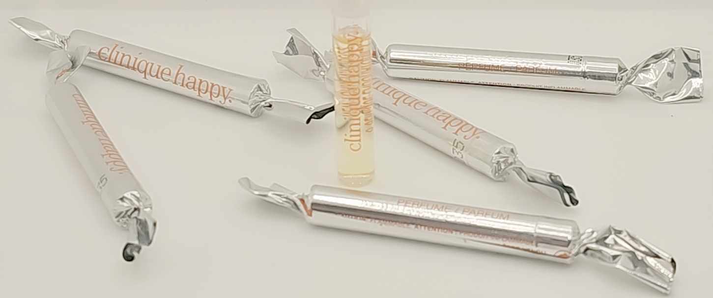 6 Clinique Happy fragrance sample wrapped in silver foil with orange logo, promotional mini perfume Ghbb Trading
