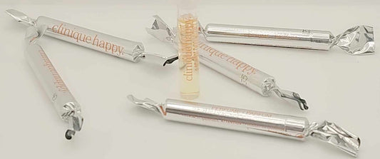 6 Clinique Happy fragrance sample wrapped in silver foil with orange logo, promotional mini perfume Ghbb Trading
